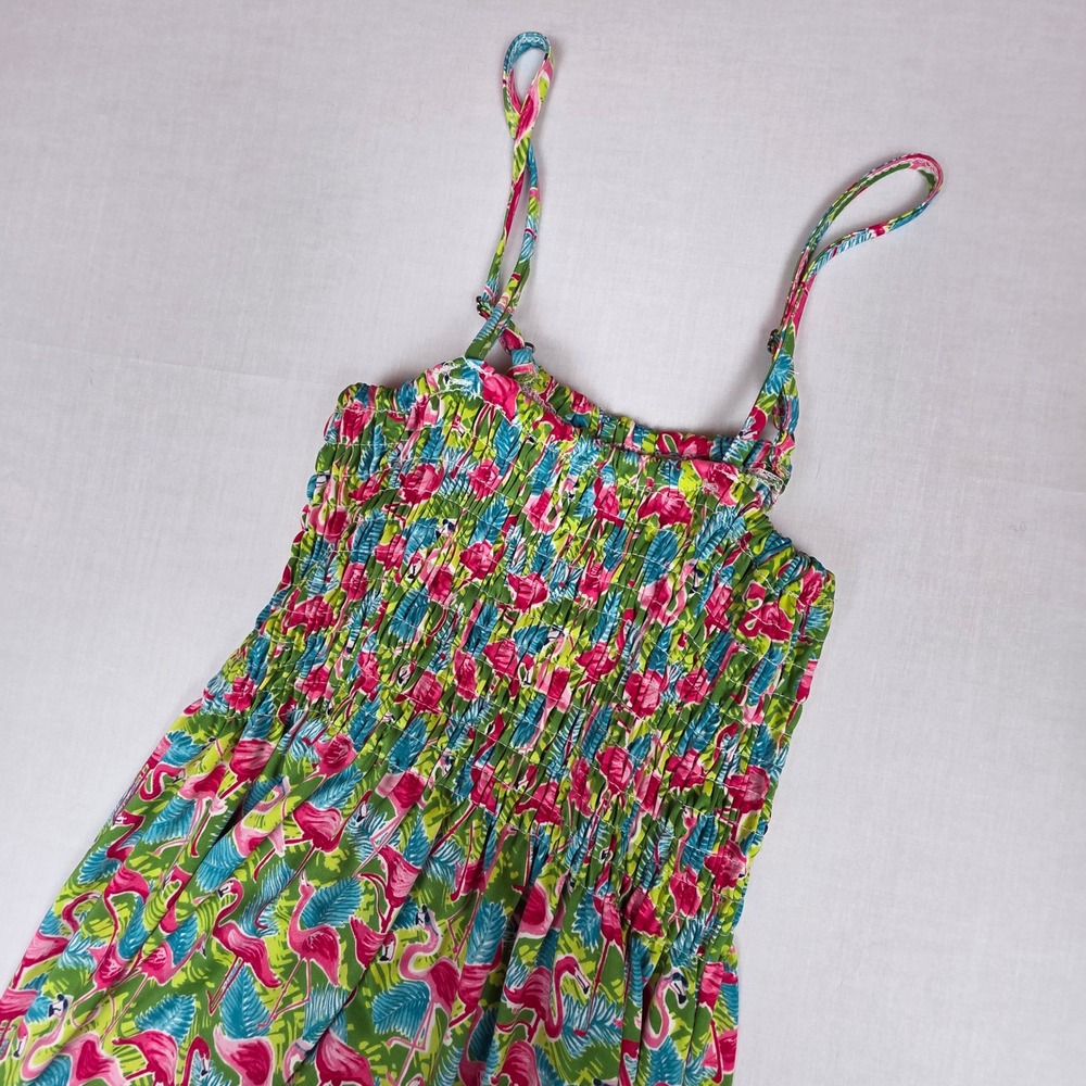Isla Bonita Flamingo Print Smocked Midi Sundress One Size Green Pink Women Poly